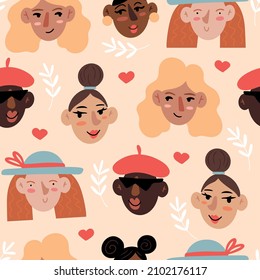 Hand drawn vector seamless pattern with with different girls and little hearts  in cartoon style