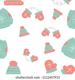 Hand drawn and Vector seamless Pattern of Sweater, gloves, and cap 