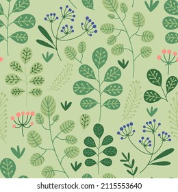 Hand Drawn Vector Seamless Pattern  Green Summer Or Spring Meadow Flowers, Plants And Leaves