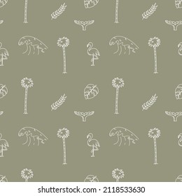 Hand drawn vector seamless pattern. Waves, palm trees, leaves and flamingos.