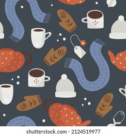 Hand drawn vector seamless pattern with cozy scarfs and mittens, woolen hats, mugs and cups
