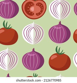 Hand drawn vector seamless pattern with tomatoes and onions 