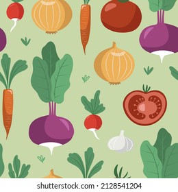 Hand drawn vector seamless pattern with different fresh vegetables