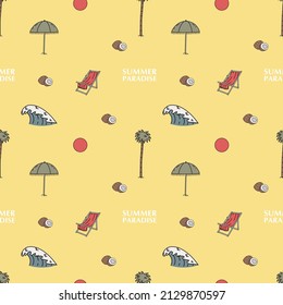 Hand drawn vector seamless pattern. Beach umbrella, chaise longue, sun and waves.