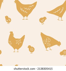 Hand drawn vector seamless pattern with Easter chickens and chicks with floral elements. Festive background with cute animals. Spring pastel texture with charming hens. Flat vector illustration