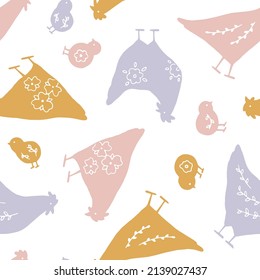 Hand drawn vector seamless pattern with Easter chickens and chicks with floral elements. Festive background with cute animals. Spring pastel texture with charming hens. Flat vector illustration