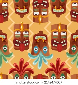 Hand drawn vector seamless pattern with smiling Tiki masks