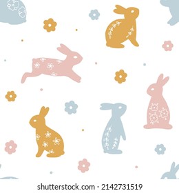 Hand drawn vector seamless pattern with Easter bunnies with floral elements. Festive background with cute animals. Spring pastel texture with charming rabbits. Flat vector illustration