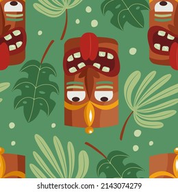 Hand drawn vector seamless pattern with happy Tiki masks in the jungle