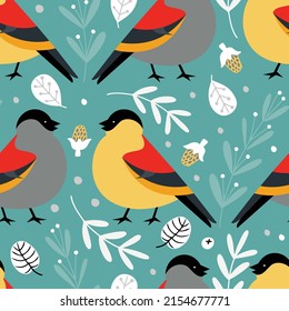 Hand drawn vector seamless pattern with bullfinch birds