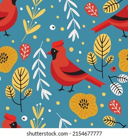 Hand drawn vector seamless pattern with cardinal birds