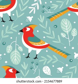 Hand drawn vector seamless pattern with cute blue jay birds