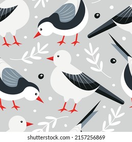 Hand drawn vector seamless pattern with white birds and plants in flat childish style