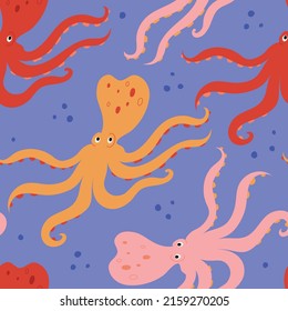 Hand drawn vector seamless pattern with funny octopuses 