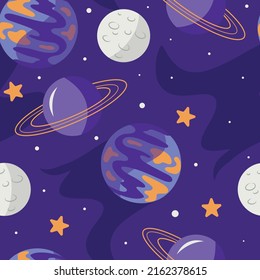 Hand drawn vector seamless pattern with cute planets in open space