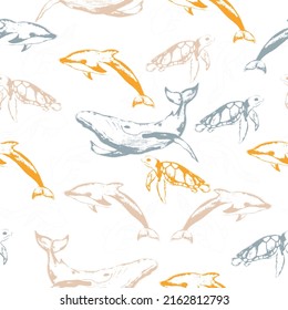 Hand drawn vector seamless pattern for kids.  Jellyfish, Crab, Turtle, octopus, Fish, stingray, Dolphin, seal