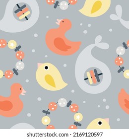 Hand drawn vector seamless pattern with cute toddler baby grasping toys