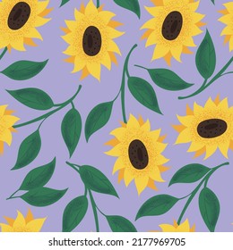 Hand drawn vector seamless pattern with sunflowers