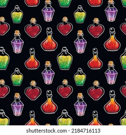 Hand drawn vector seamless pattern of glass bottles with colorful magic potion, witchcraft