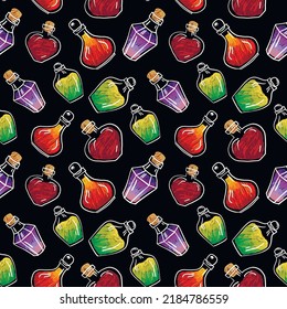  Hand drawn vector seamless pattern of glass bottles with colorful magic potion, witchcraft