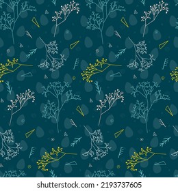 Hand drawn vector seamless pattern of mimosa on eggs ornament on blue background. Double pattern.