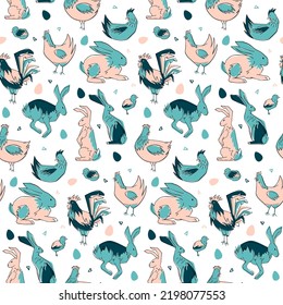 Hand drawn vector seamless pattern of easter animals. Various sketch and colorful easter rabbits, chickens and eggs on white background in blue and pink colors.