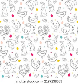 Hand drawn vector seamless pattern of easter animals. Various sketch easter rabbits, chickens and eggs on white background