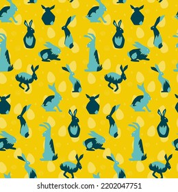 Hand drawn vector seamless pattern of easter animals. Various colorful easter crabbits in blue colors on eggs ornament with yellow background. Double pattern.