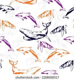 Hand drawn vector seamless pattern for kids.  Pattern with flat drawings of cute sharks, octopuses, crabs on a white background.