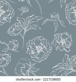 Hand drawn vector seamless pattern with peony flowers, buds and leaves. Isolated on white background. Design for wedding or greeting cards, invitations, wallpaper, print, textile, wrapping paper