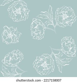 Hand drawn vector seamless pattern with peony flowers, buds and leaves. Isolated on white background. Design for wedding or greeting cards, invitations, wallpaper, print, textile, wrapping paper