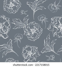 Hand drawn vector seamless pattern with peony flowers, buds and leaves. Isolated on white background. Design for wedding or greeting cards, invitations, wallpaper, print, textile, wrapping paper
