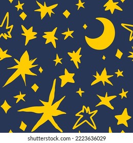 Hand drawn vector seamless pattern with moon and stars. Abstract texture background. Freehand drawing of sketchy shapes vector. Wallpaper, paper, fabric, textile design.