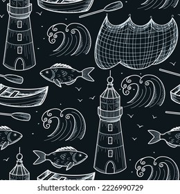 Hand drawn vector seamless pattern. nautical collection. Fishing