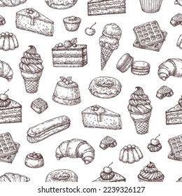 Hand drawn vector seamless pattern of treats, sweets, cakes and pastries. Background in sketch style for confectionery and bakery shops. Elements in retro style for menus, banners, printing.
