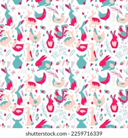 Hand drawn vector seamless pattern of easter animals. Various colorful easter rabbits, chickens, eggs and mimosa in blue and pink pastel colors on white background.