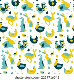 Hand drawn vector seamless pattern of easter animals. Various colorful easter rabbits, chickens and eggs in blue and yellow colors on white background.