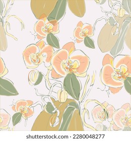 Hand drawn vector seamless pattern with orhid branches in watercolor style, blooming  phalaenopsis.For card,wedding invitations,packing,vintage,retro.