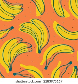 Hand drawn vector seamless pattern with bananas in line and silhouette styles