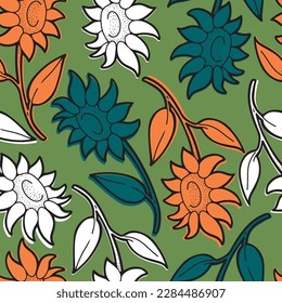 Hand drawn vector seamless pattern with outlined sunflowers