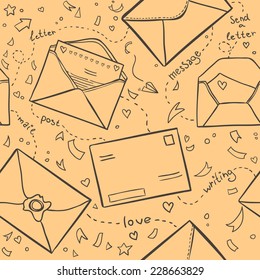 Hand drawn vector seamless pattern. Mail ( love letter, envelope, message). Illustrations in sketch style