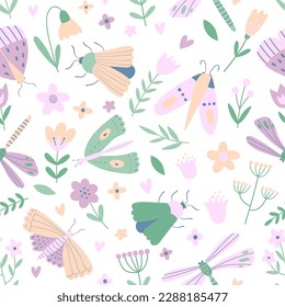 Hand drawn vector seamless pattern with  insects and flowers in pastel colors. Butterfly, beetle, dragonfly, bug, moth. Summer floral repeat background for textile, wallpaper, fabric design.