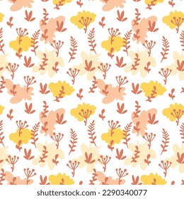 hand drawn vector seamless pattern with abstract flowers, spots and dots. Modern design for paper, cover, fabric, interior decor. Summer mood