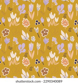 vector dibujado a mano sin fisuras con flores, puntos y puntos abstractos. Diseño moderno para papel, cubierta, tela, decoración interior. Ánimo de verano