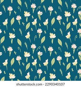 hand drawn vector seamless pattern with abstract flowers, spots and dots. Modern design for paper, cover, fabric, interior decor. Summer mood