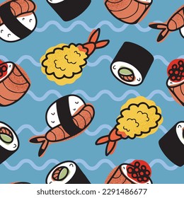 Hand drawn vector seamless pattern with Japanese food sushi, nigiri and maki rolls