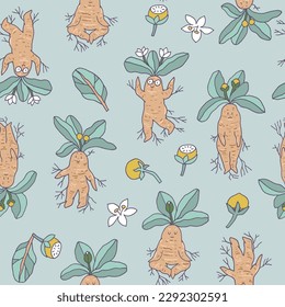 Hand drawn vector seamless pattern with mandragora, berries and flowers. Fun mandrake characters.