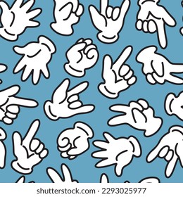 Hand drawn vector seamless pattern with old fashioned retro cartoony hands in white gloves
