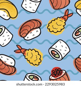 Hand drawn vector seamless pattern with Japanese food - sushi, nigiri, rolls and fried shrimp