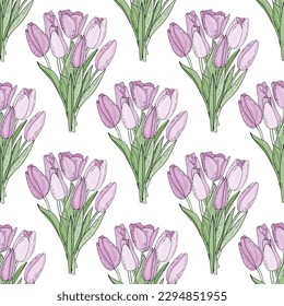 Hand drawn vector seamless pattern of isolated bouquet of pink tulips with leaves in doodle style